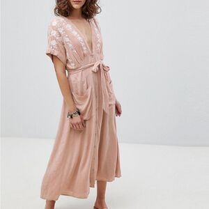Free People Pink Embroidered Midi Dress